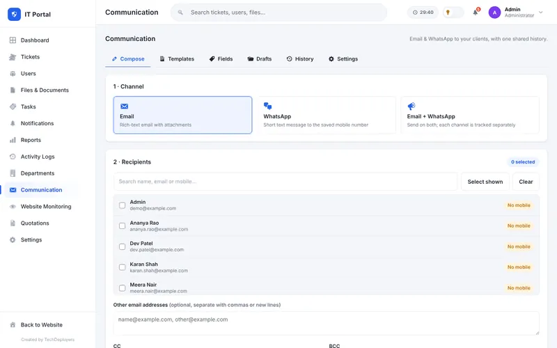 Communication module for sending email and WhatsApp messages