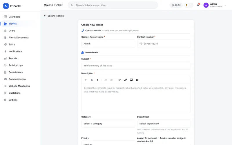 Create ticket form with contact details, department, priority and attachment