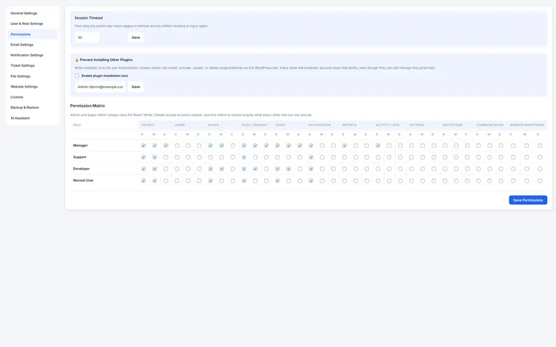 Permission matrix with read, write and delete access per role and module