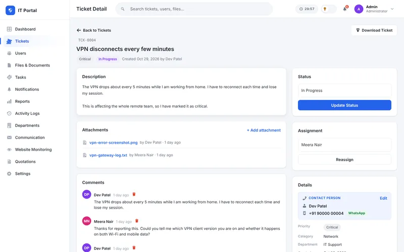 Ticket details page with comments, attachments, assignment and status controls
